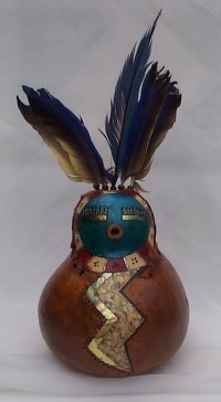 Turquoise Feather Kachina Primitive Gourd